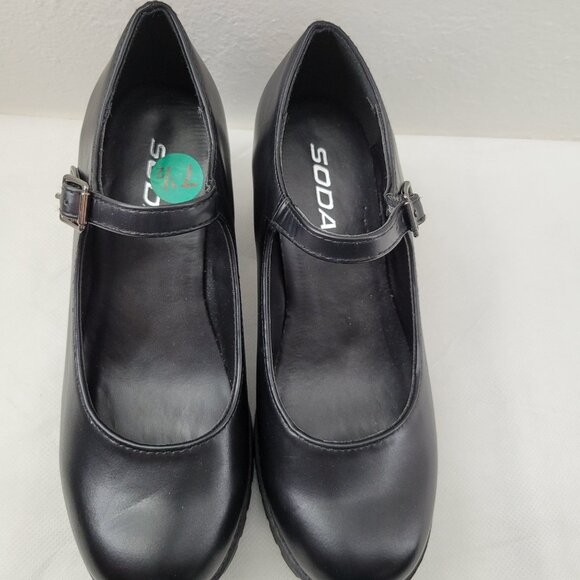 Soda Shoes Women's 7.5 Black Mary Jane Heels Lug Sole Chunky Block Heel Strap - Picture 4 of 15